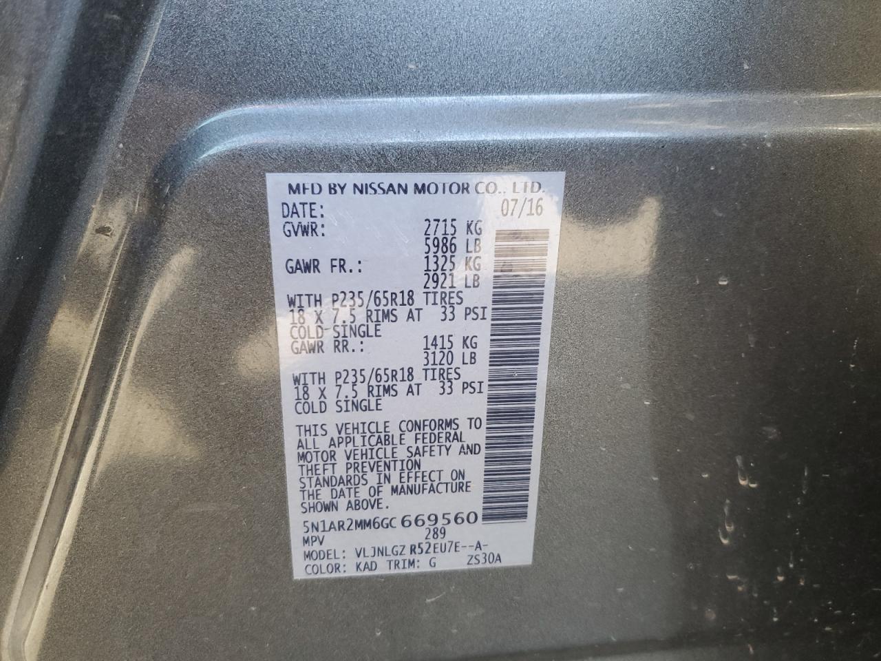 2016 Nissan Pathfinder VIN 5N1AR2MM6GC669560 Copart auction photo, front end / side damage thumbnail 13