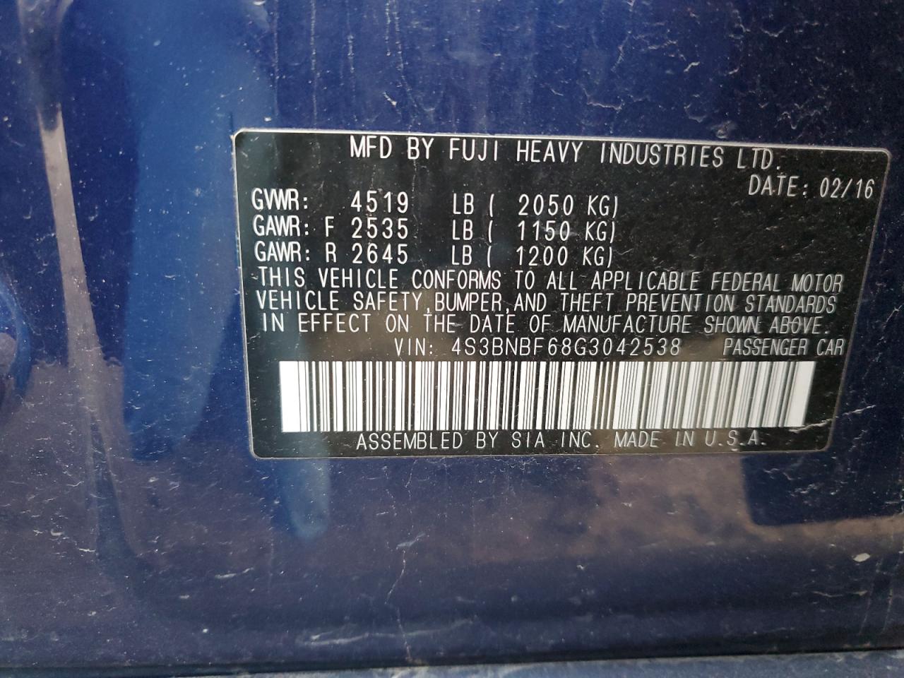 2016 Subaru Legacy VIN 4S3BNBF68G3042538 Copart auction photo, front end damage thumbnail 14