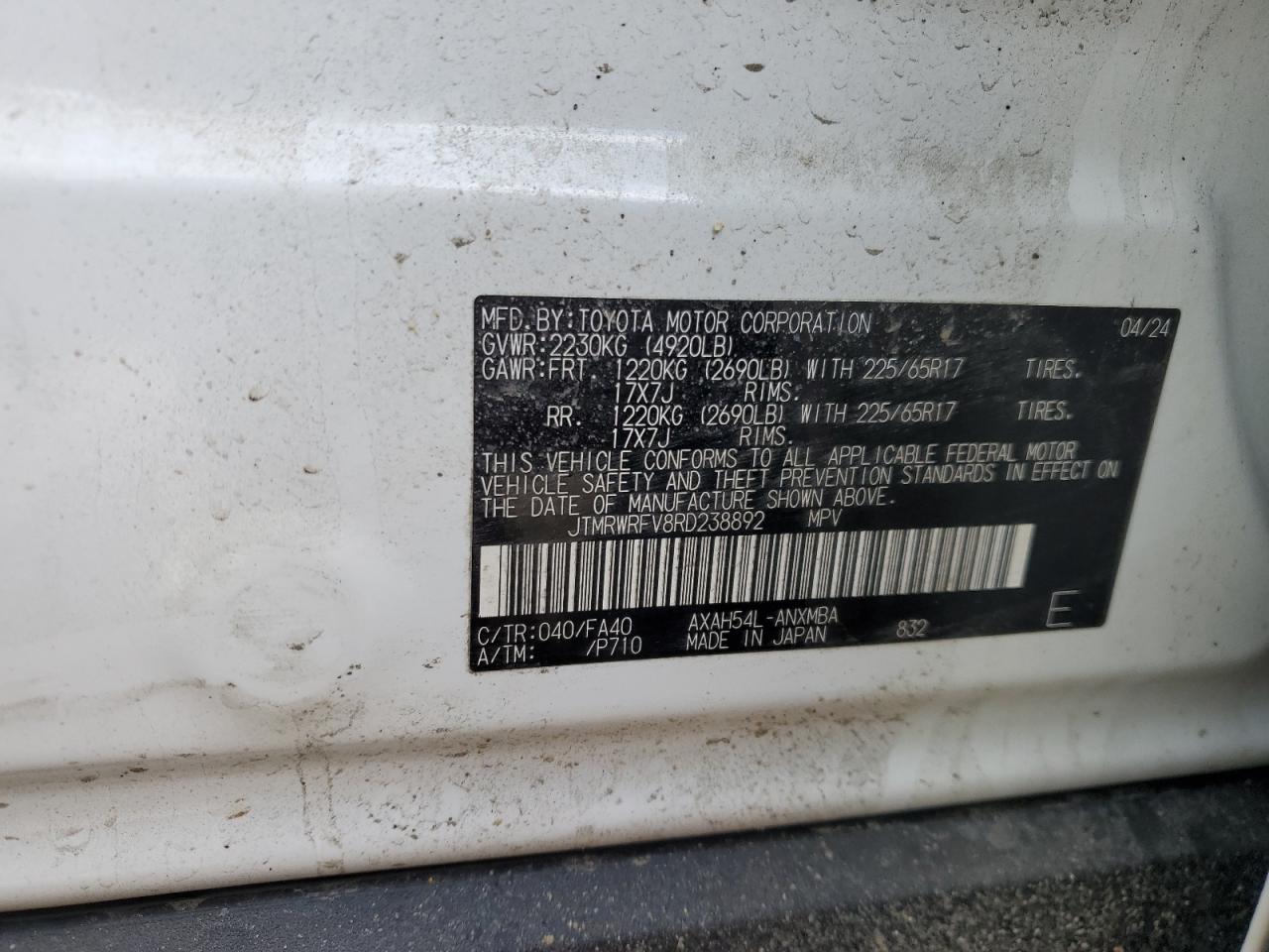 2024 Toyota RAV 4 VIN JTMRWRFV8RD238892 Copart auction photo, front end damage thumbnail 13