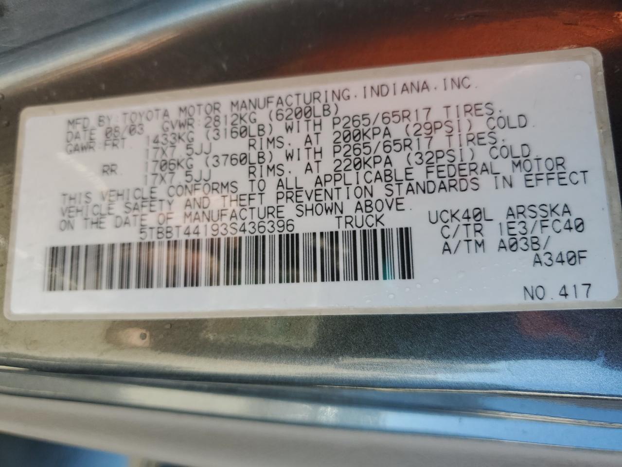 2003 Toyota Tundra VIN 5TBBT44193S436396 Copart auction photo, front end / minor dent/scratches damage thumbnail 12