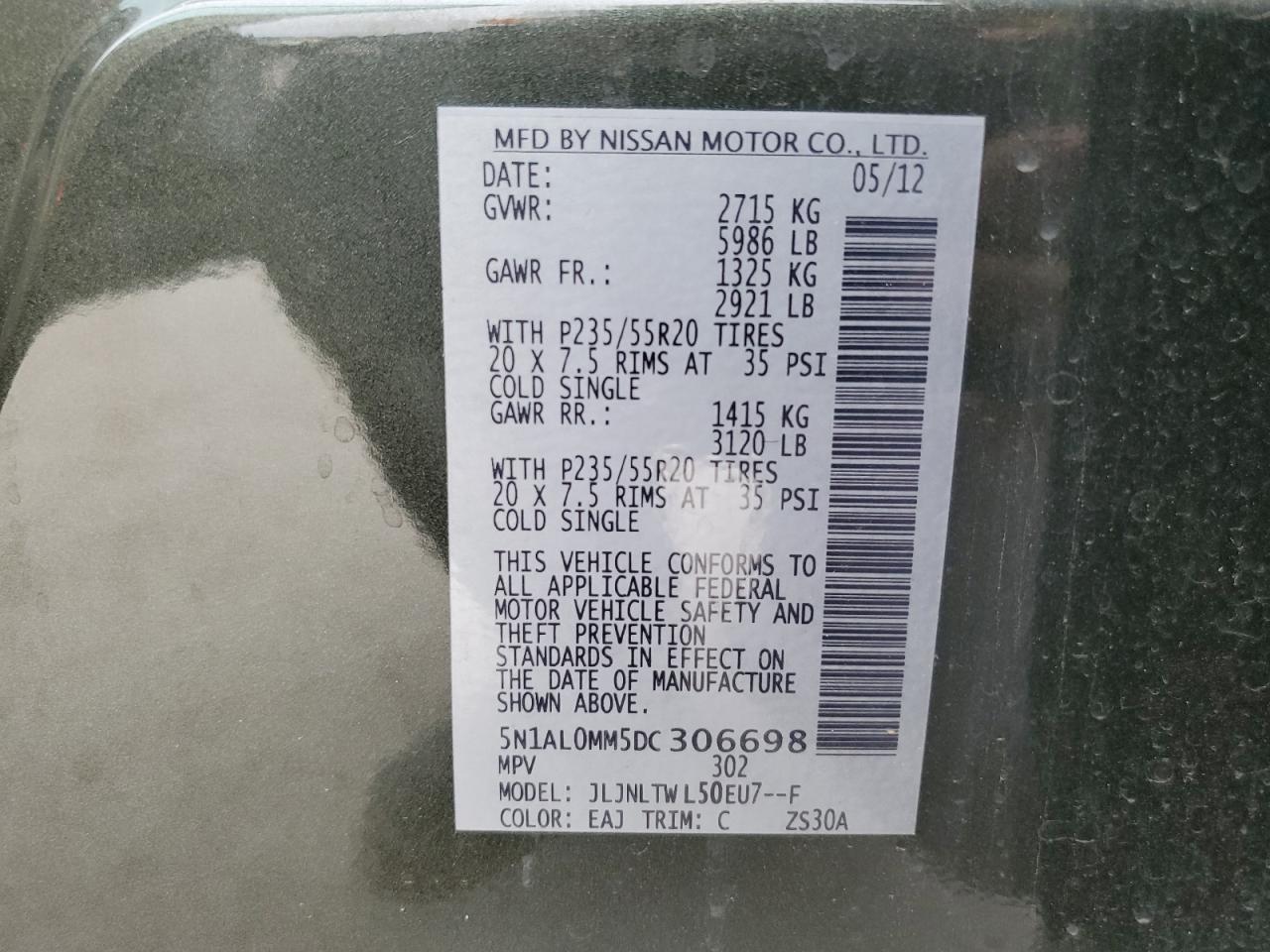 2013 Infiniti JX VIN 5N1AL0MM5DC306698 Copart auction photo, rear end / minor dent/scratches damage thumbnail 13