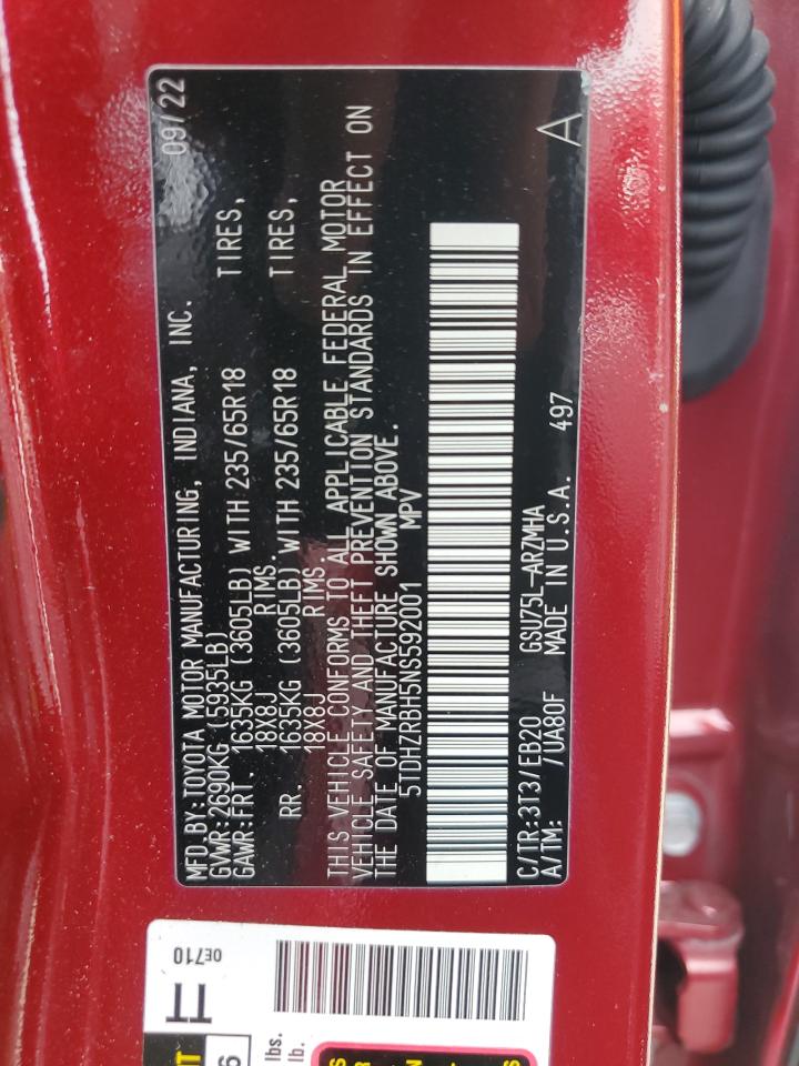 2022 Toyota Highlander VIN 5TDHZRBH5NS592001 Copart auction photo, rollover damage thumbnail 13
