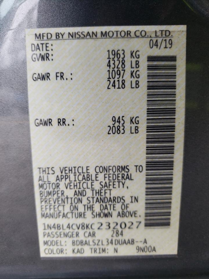 2019 Nissan Altima VIN 1N4BL4CV8KC232027 Copart auction photo, rear end damage thumbnail 13