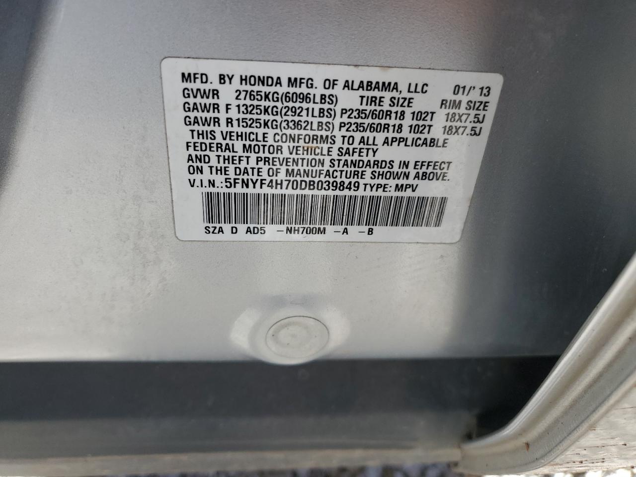 2013 Honda Pilot VIN 5FNYF4H70DB039849 Copart auction photo, front end damage thumbnail 15