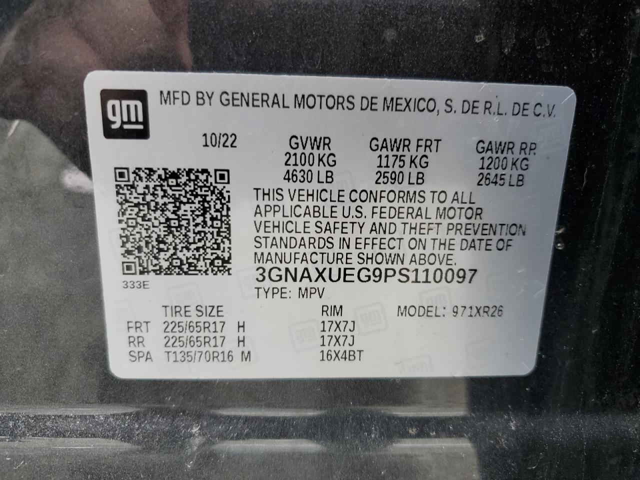 2023 Chevrolet Equinox VIN 3GNAXUEG9PS110097 Copart auction photo, top/roof damage thumbnail 13