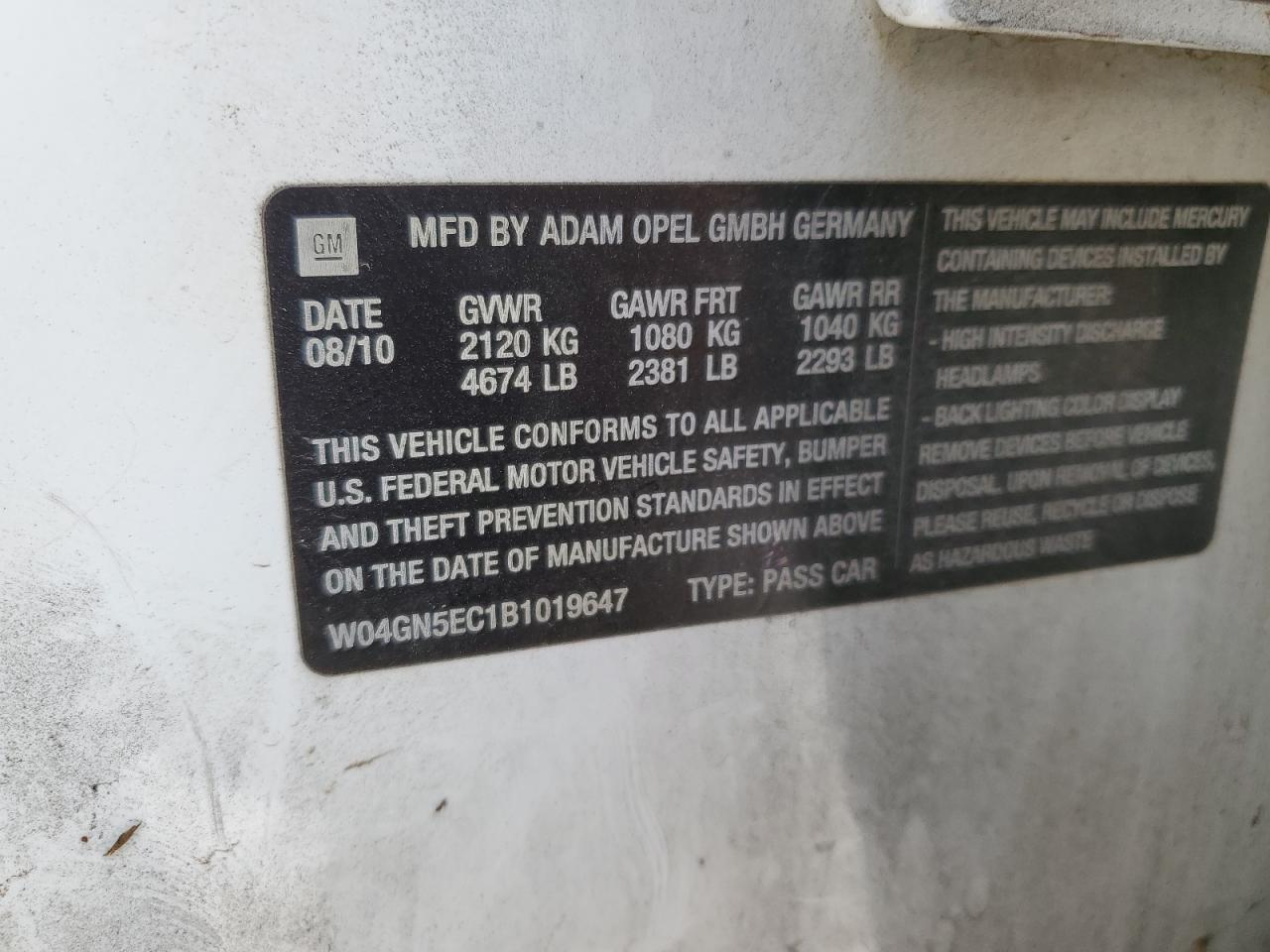 2011 Buick Regal VIN W04GN5EC1B1019647 Copart auction photo, water/flood / front end damage thumbnail 13