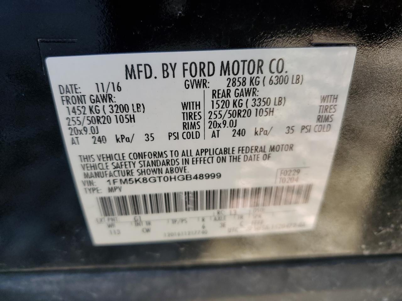 2017 Ford Explorer VIN 1FM5K8GT0HGB48999 Copart auction photo, front end damage thumbnail 13