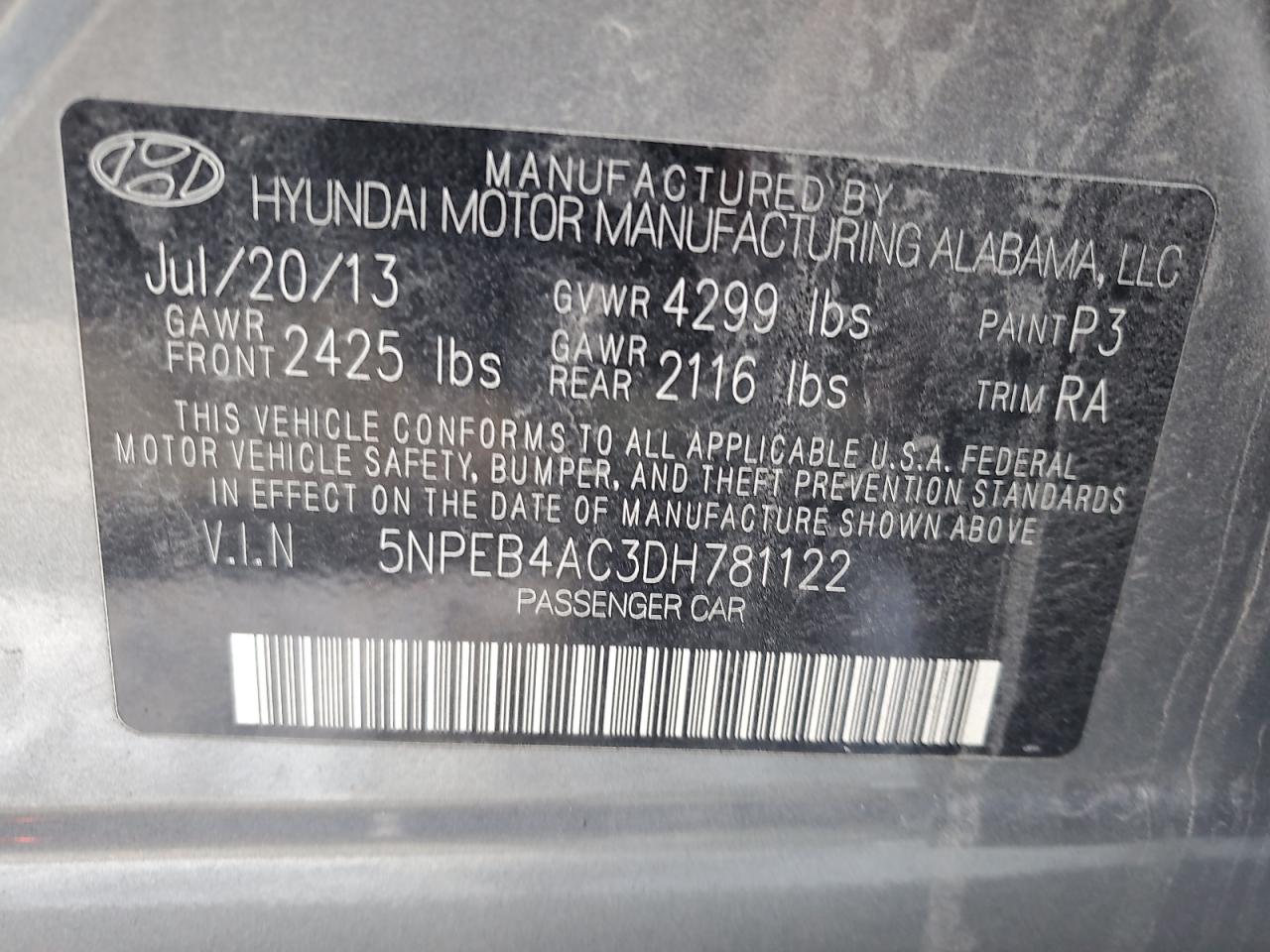 2013 Hyundai Sonata VIN 5NPEB4AC3DH781122 Copart auction photo, all over damage thumbnail 12