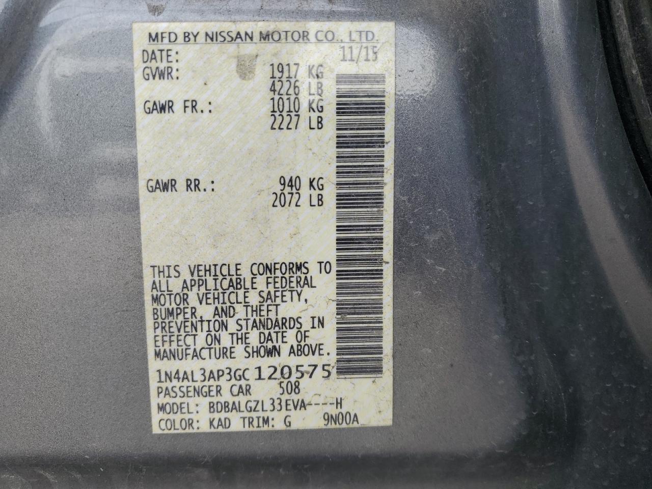 2016 Nissan Altima VIN 1N4AL3AP3GC120575 Copart auction photo, front end damage thumbnail 13