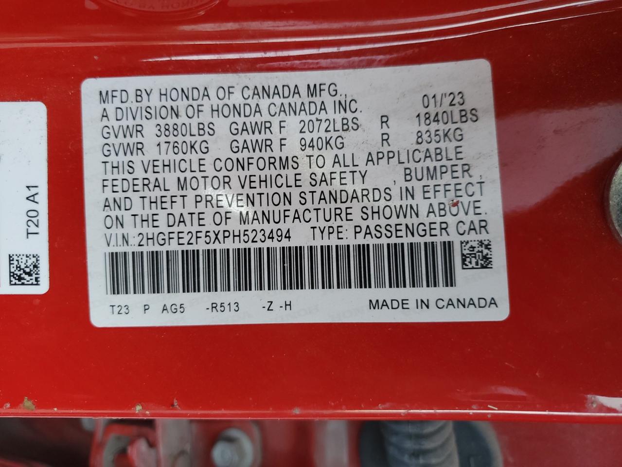 2023 Honda Civic VIN 2HGFE2F5XPH523494 Copart auction photo, all over damage thumbnail 13