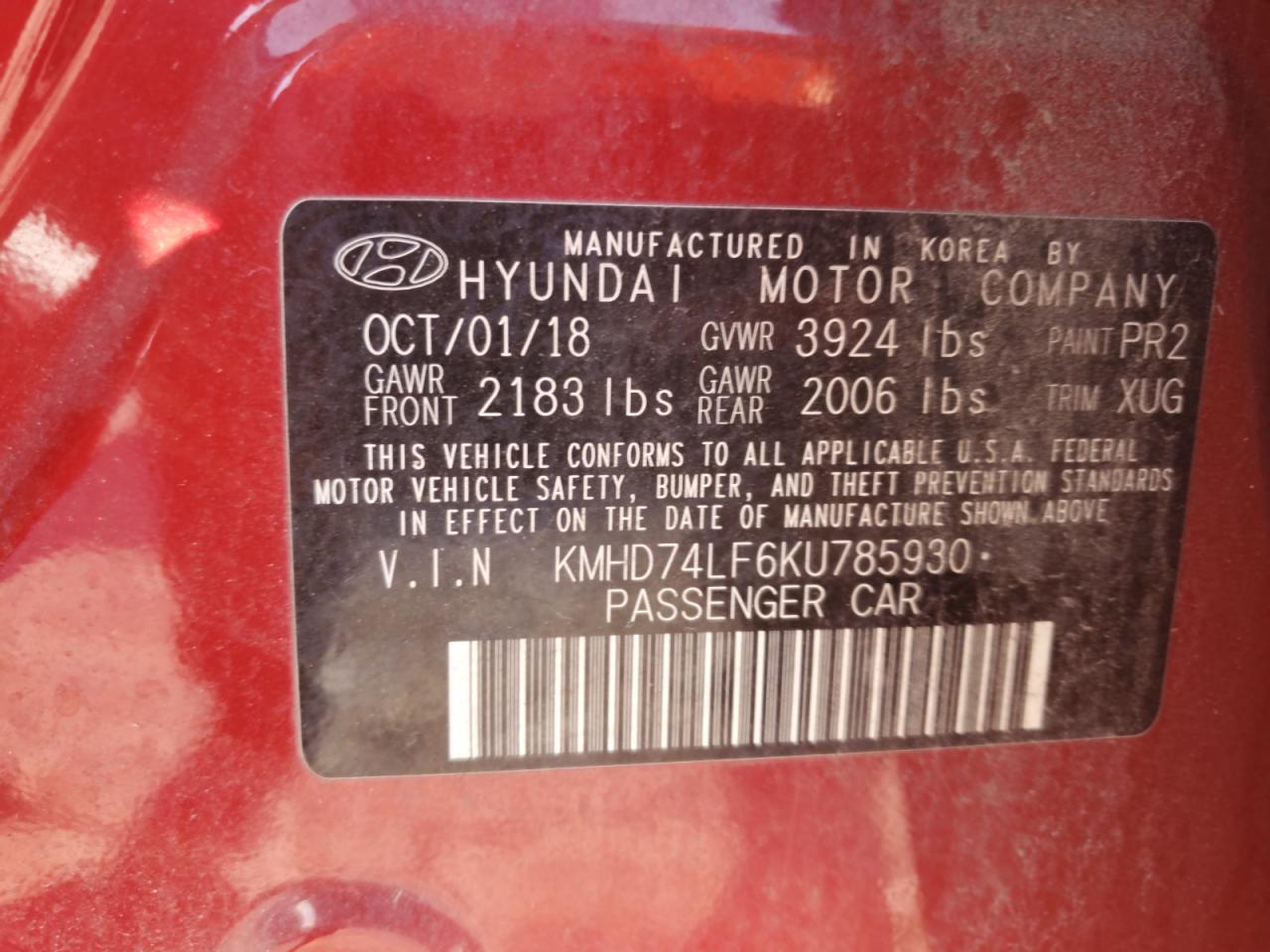 2019 Hyundai Elantra VIN KMHD74LF6KU785930 Copart auction photo, rear end damage thumbnail 15