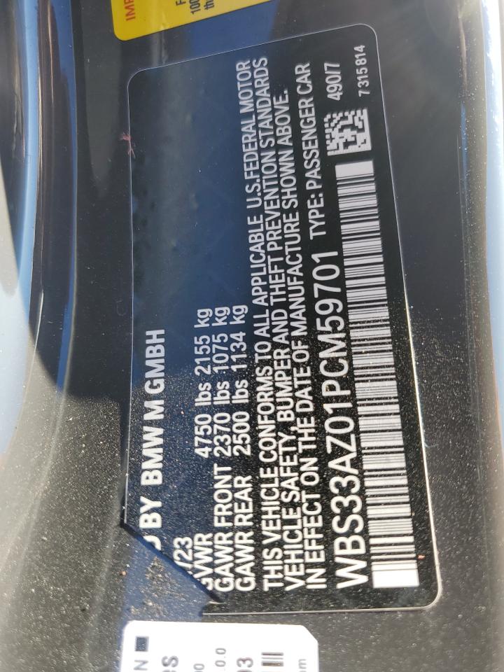 2023 BMW M4 VIN WBS33AZ01PCM59701 Copart auction photo, rear end / front end damage thumbnail 14