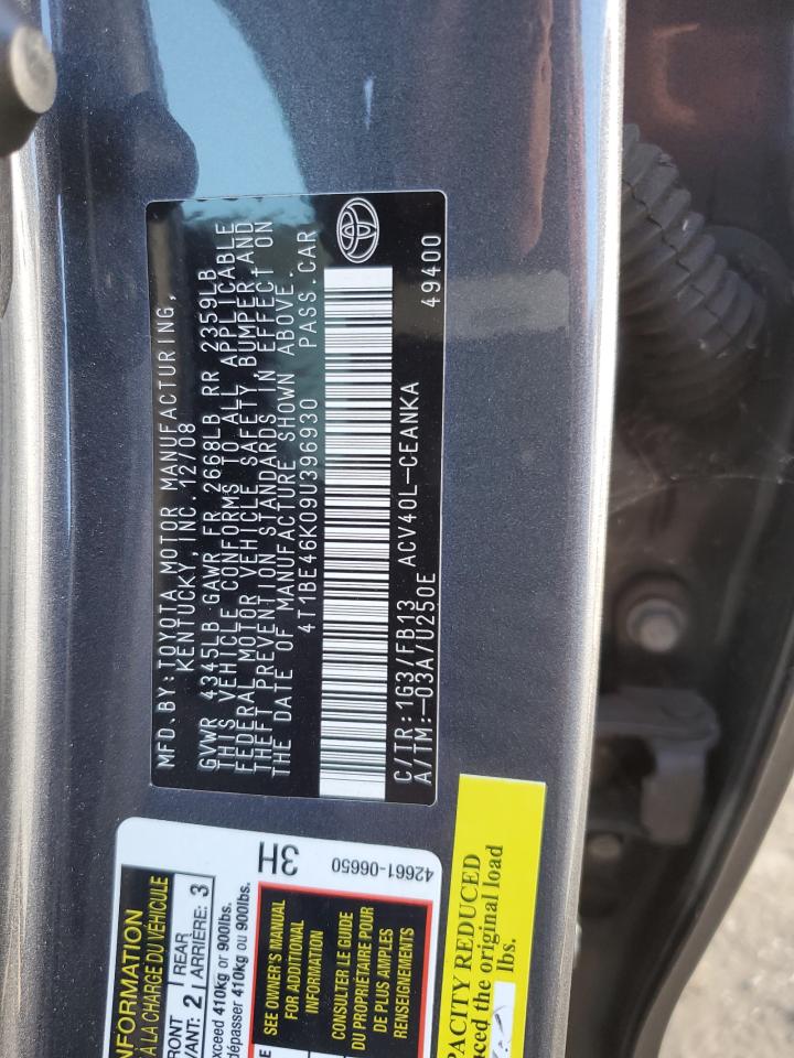 2009 Toyota Camry VIN 4T1BE46K09U396930 Copart auction photo, front end / undercarriage damage thumbnail 13