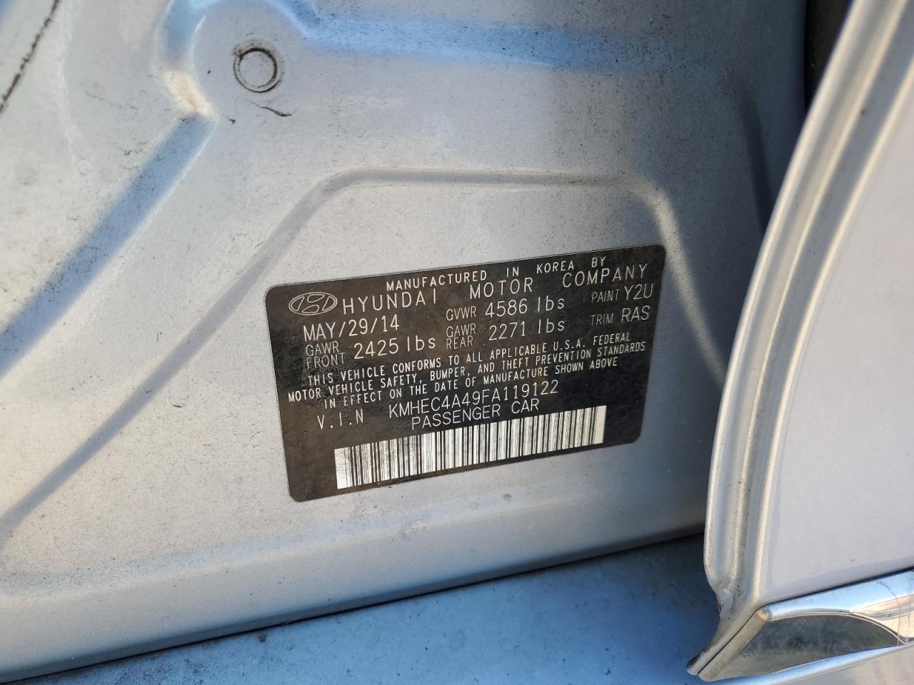 2015 Hyundai Sonata VIN KMHEC4A49FA119122 Copart auction photo, rear end / side damage thumbnail 14