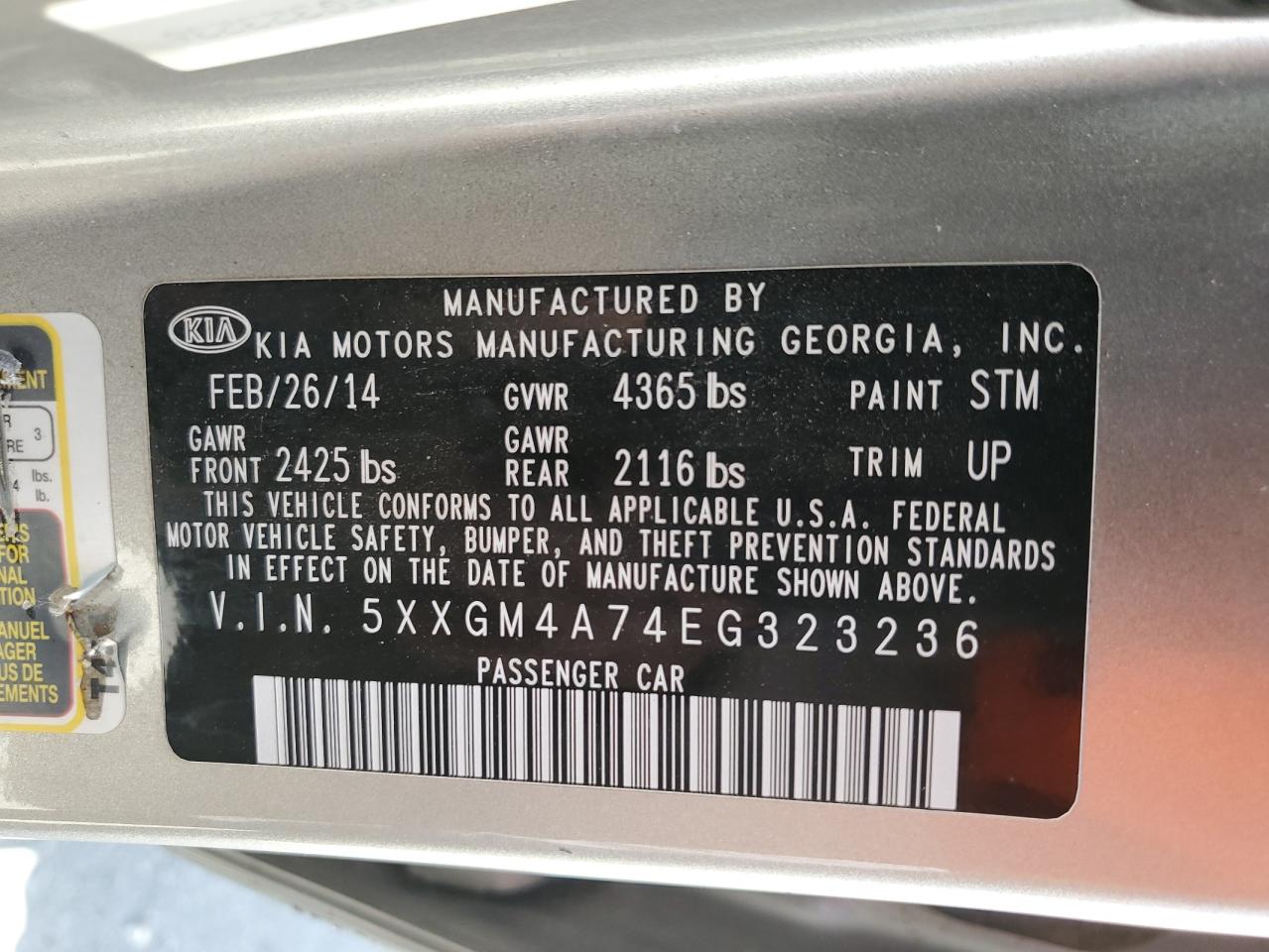 2014 KIA Optima VIN 5XXGM4A74EG323236 Copart auction photo, front end / minor dent/scratches damage thumbnail 12