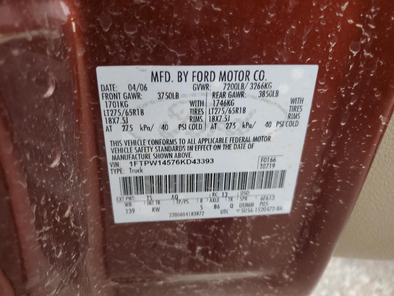 2006 Ford F-150 VIN 1FTPW14576KD43393 Copart auction photo, front end / undercarriage damage thumbnail 14
