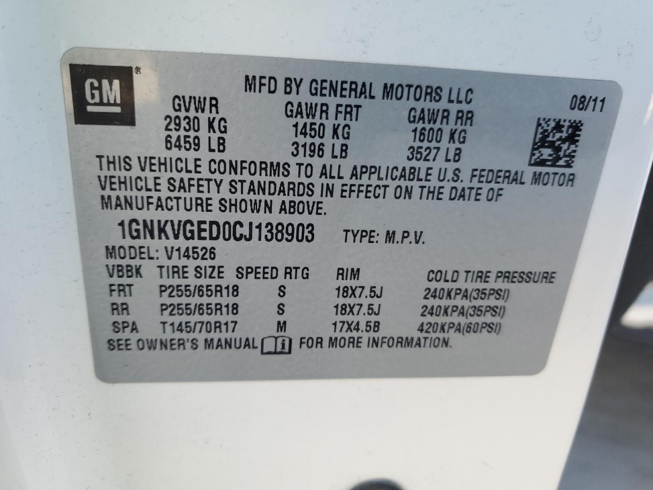 2012 Chevrolet Traverse VIN 1GNKVGED0CJ138903 Copart auction photo, mechanical damage thumbnail 12