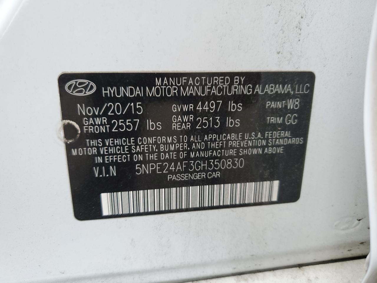 2016 Hyundai Sonata VIN 5NPE24AF3GH350830 Copart auction photo, side damage thumbnail 14