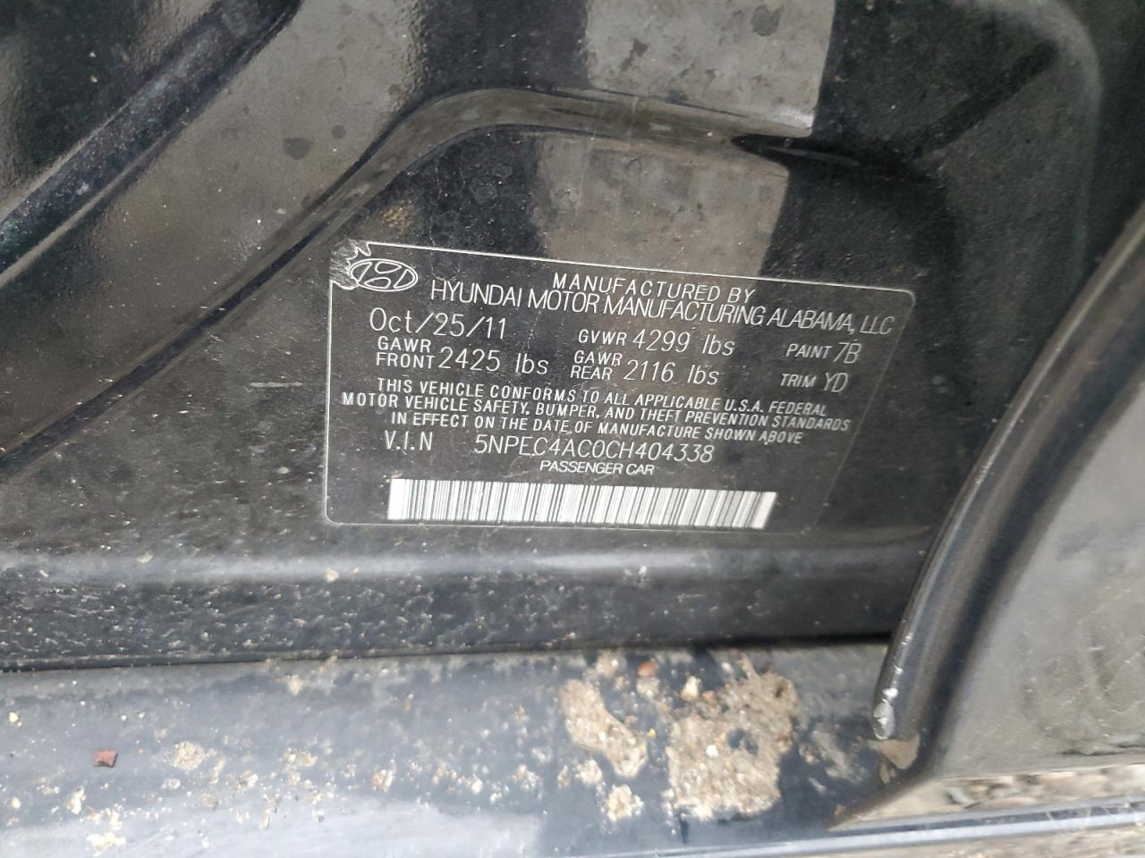 2012 Hyundai Sonata VIN 5NPEC4AC0CH404338 Copart auction photo, front end / side damage thumbnail 12