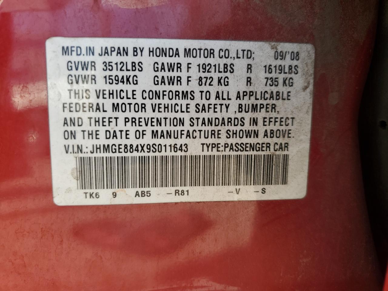 2009 Honda Fit VIN JHMGE884X9S011643 Copart auction photo, front end damage thumbnail 15