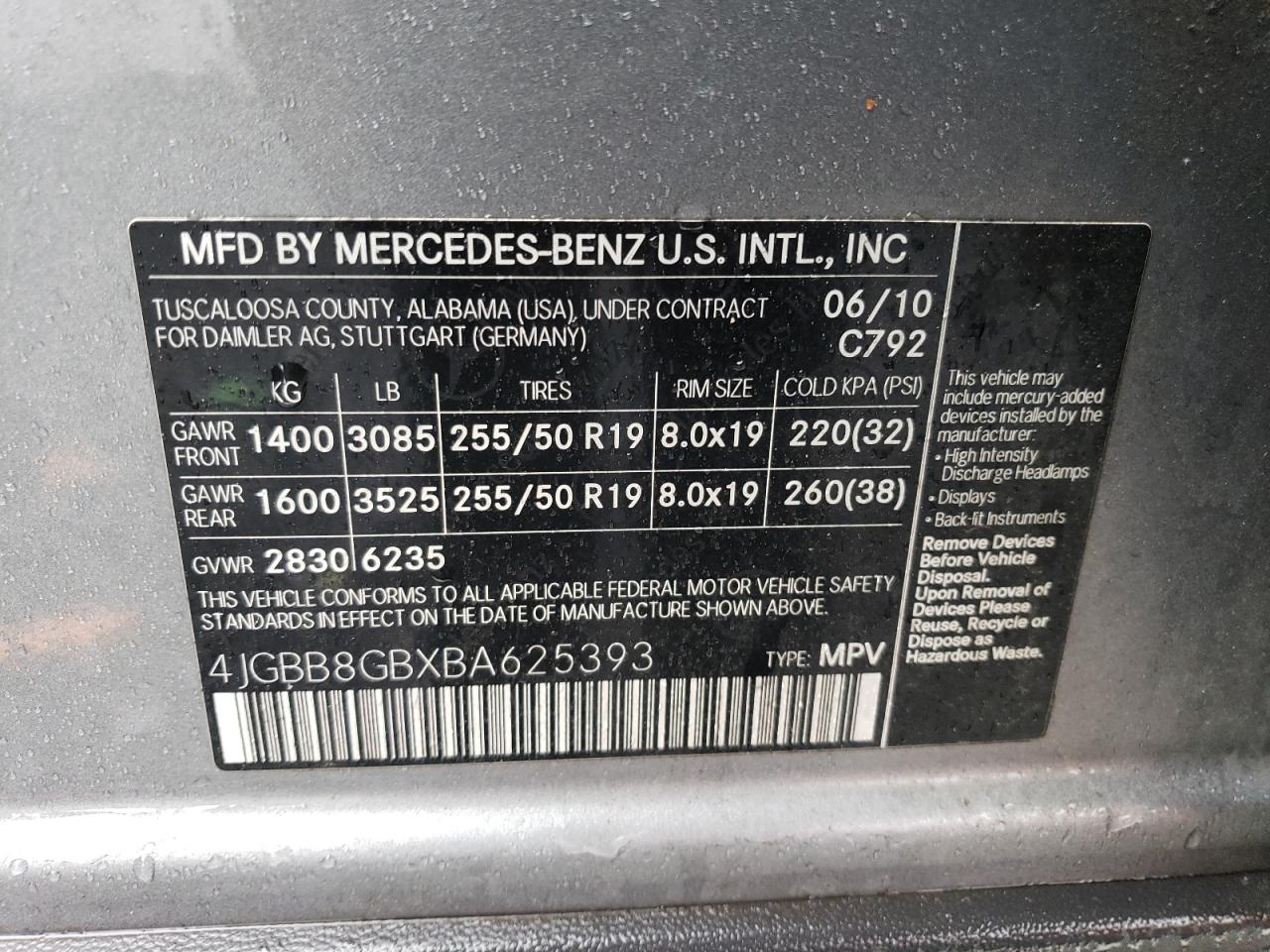 2011 Mercedes-Benz M-klasse VIN 4JGBB8GBXBA625393 Copart auction photo, front end damage thumbnail 13
