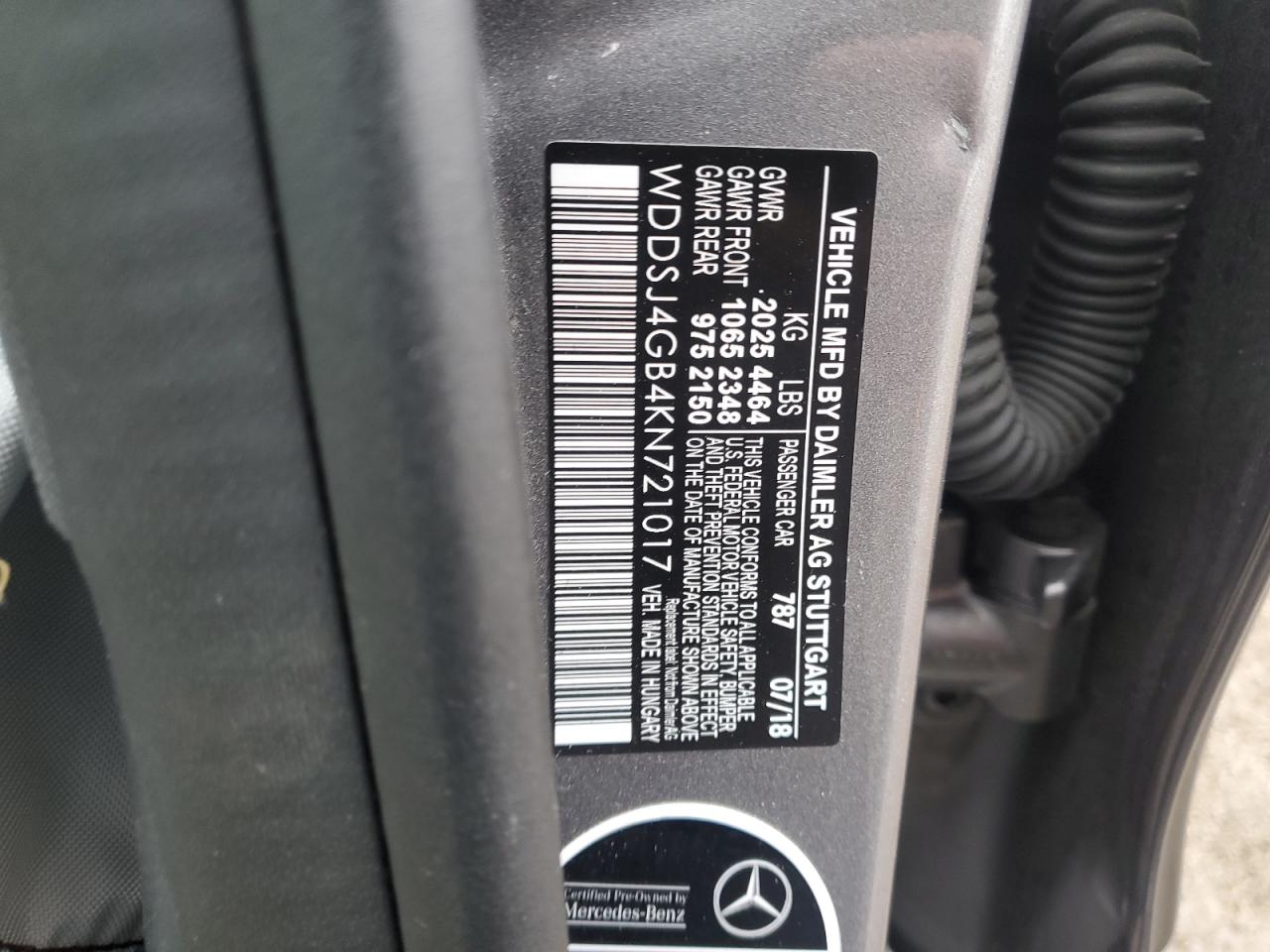 2019 Mercedes-Benz CLA-klasse VIN WDDSJ4GB4KN721017 Copart auction photo, all over damage thumbnail 14