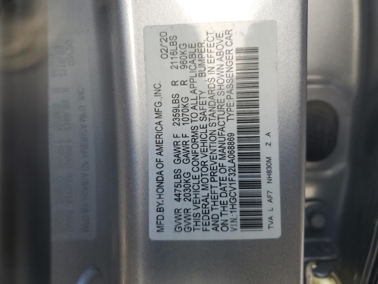 2020 Honda Accord VIN 1HGCV1F32LA068869 Copart auction photo, front end damage thumbnail 12