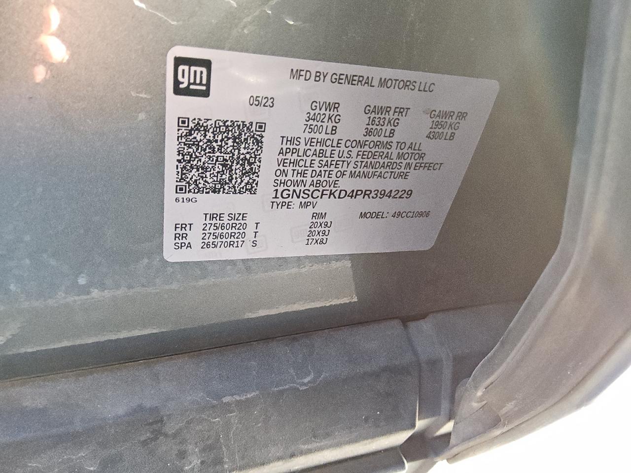 2023 Chevrolet Suburban VIN 1GNSCFKD4PR394229 Copart auction photo, front end / side damage thumbnail 14