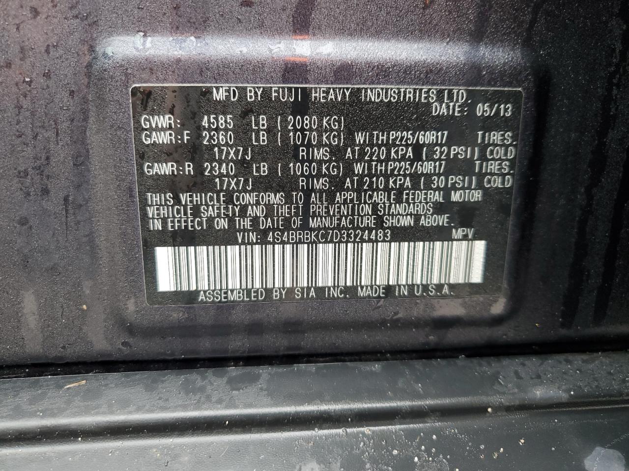 2013 Subaru Outback VIN 4S4BRBKC7D3324483 Copart auction photo, all over damage thumbnail 12