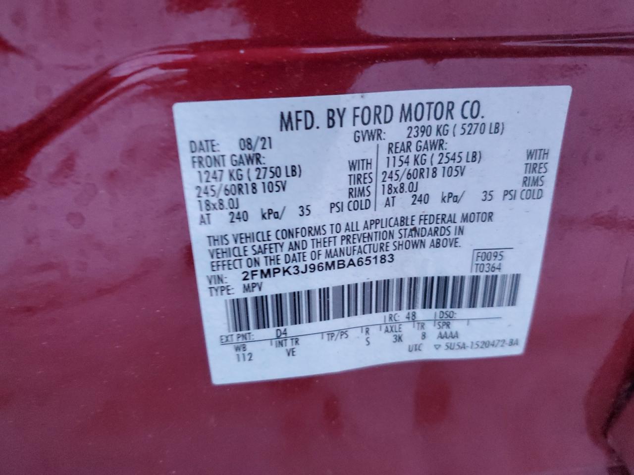 2021 Ford Edge VIN 2FMPK3J96MBA65183 Copart auction photo, all over damage thumbnail 15