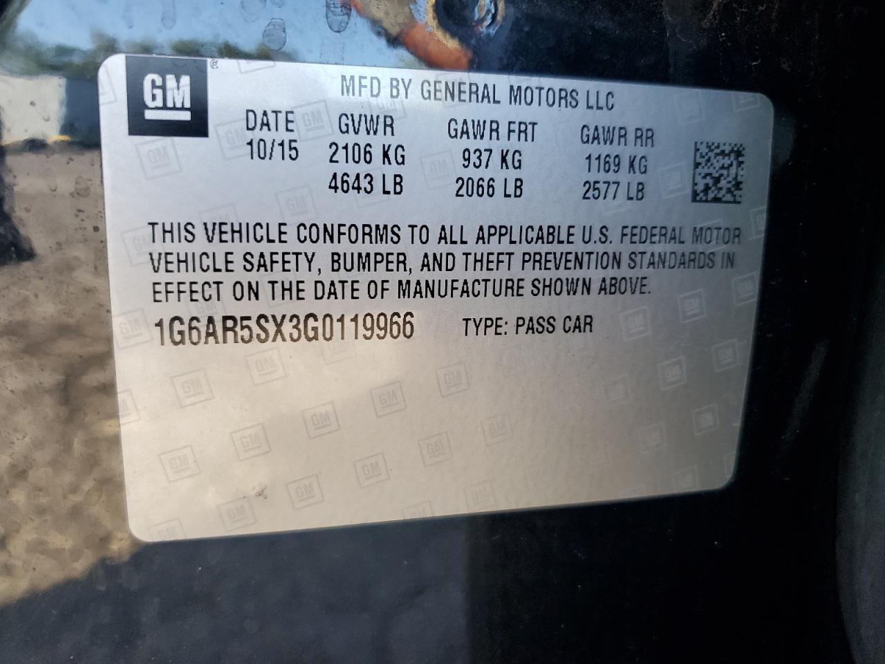 2016 Cadillac CTS VIN 1G6AR5SX3G0119966 Copart auction photo, mechanical damage thumbnail 12