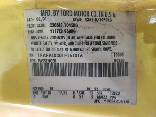 2001 Ford Mustang VIN 1FAFP40401F161016 Copart auction photo, front end / minor dent/scratches damage thumbnail 10