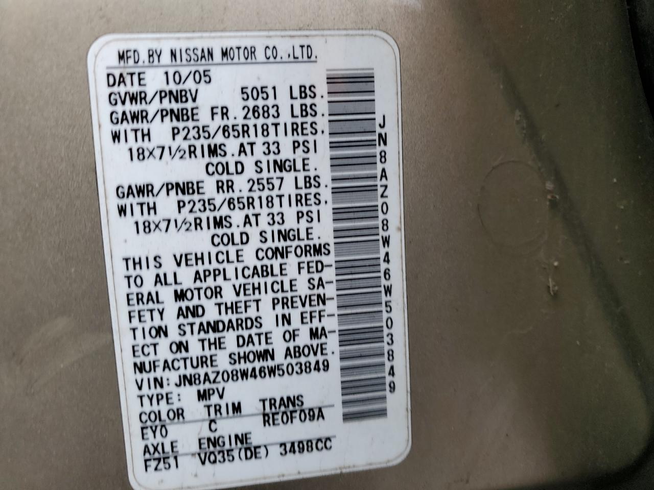 2006 Nissan Murano VIN JN8AZ08W46W503849 Copart auction photo, front end / side damage thumbnail 15