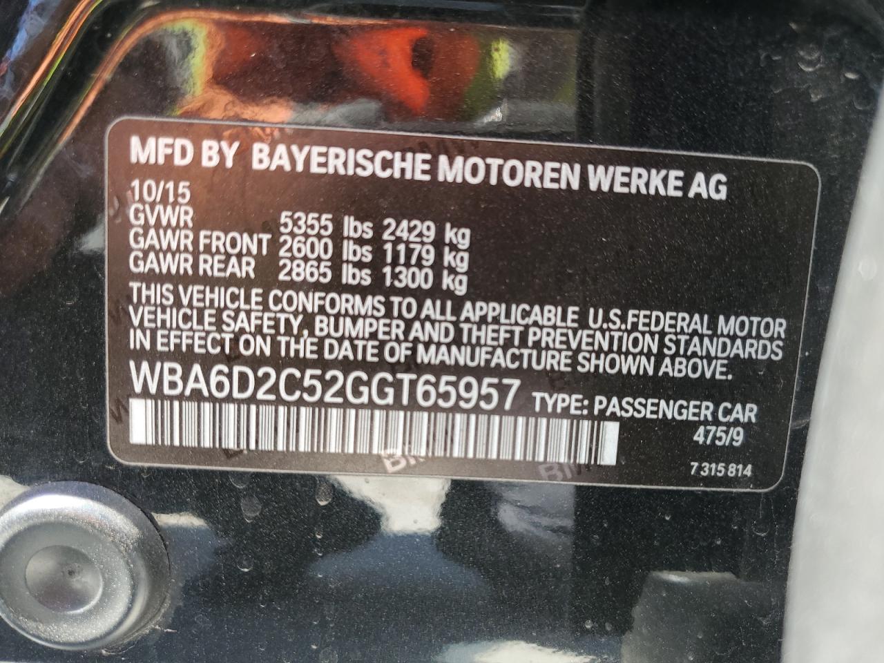 2016 BMW 6er VIN WBA6D2C52GGT65957 Copart auction photo, front end damage thumbnail 12