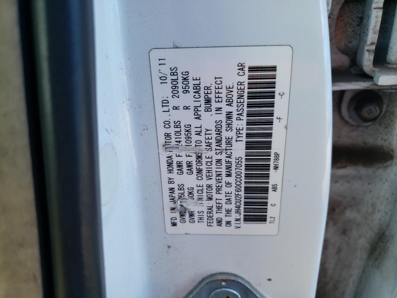 2012 Acura TSX VIN JH4CU2F60CC007055 Copart auction photo, vandalism / rear end damage thumbnail 12