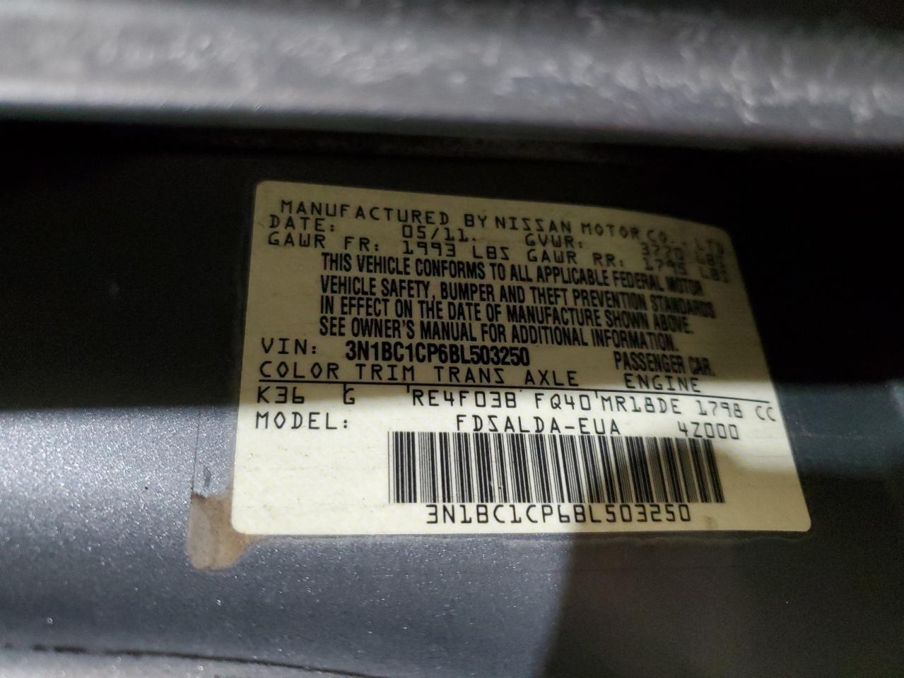 2011 Nissan Versa VIN 3N1BC1CP6BL503250 Copart auction photo, front end / side damage thumbnail 16