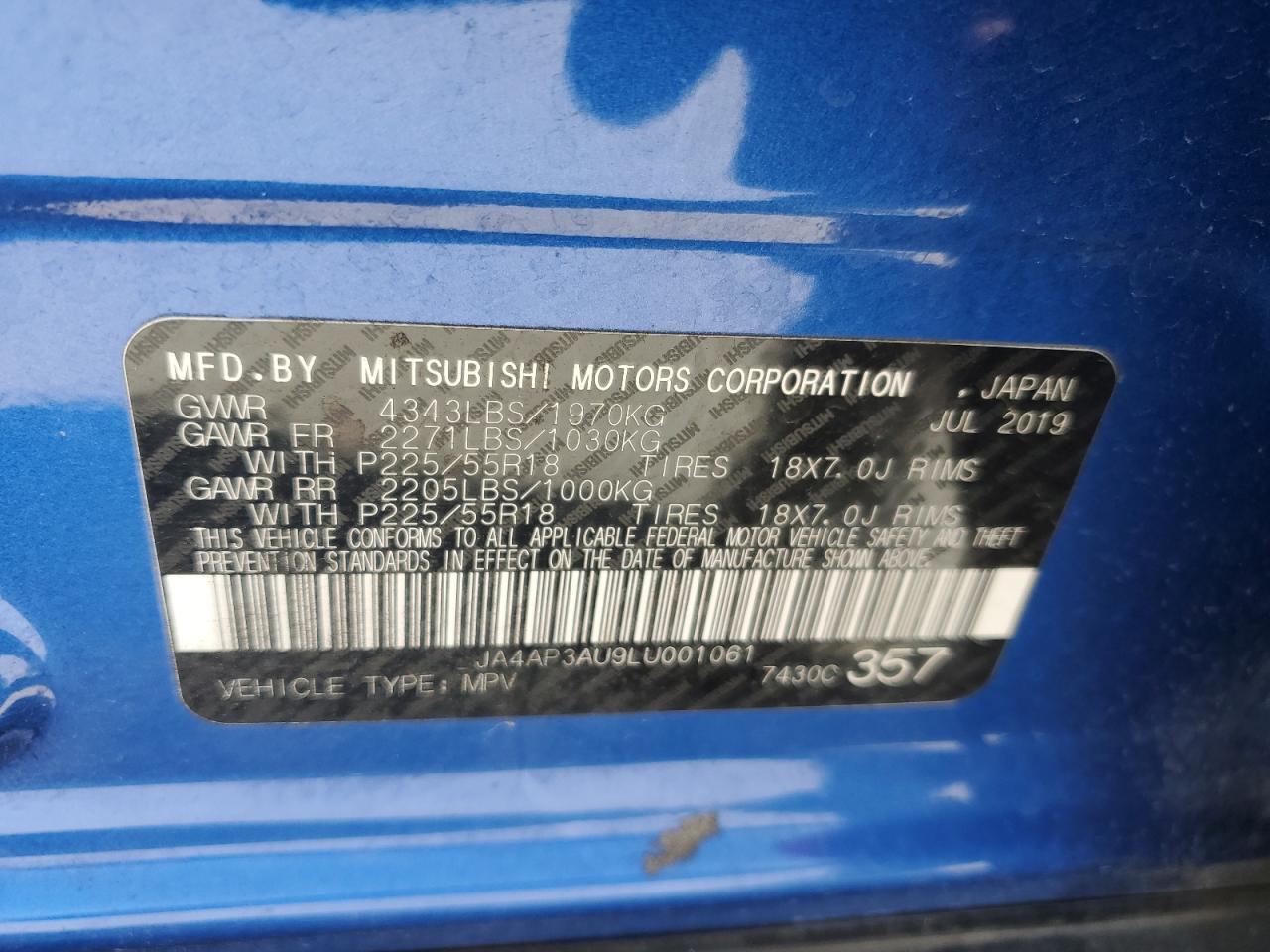 2020 Mitsubishi Outlander VIN JA4AP3AU9LU001061 Copart auction photo, front end damage thumbnail 13