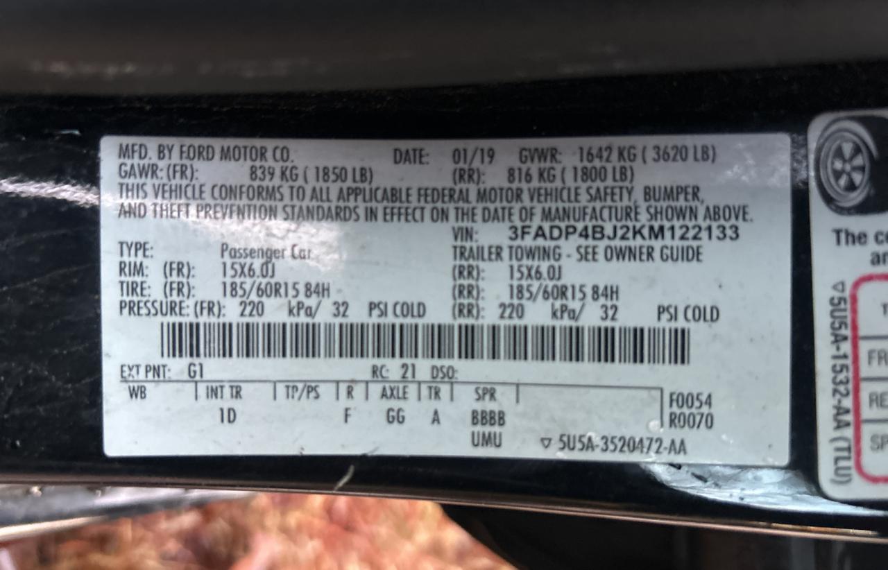 2019 Ford Fiesta VIN 3FADP4BJ2KM122133 Copart auction photo, mechanical / minor dent/scratches damage thumbnail 10
