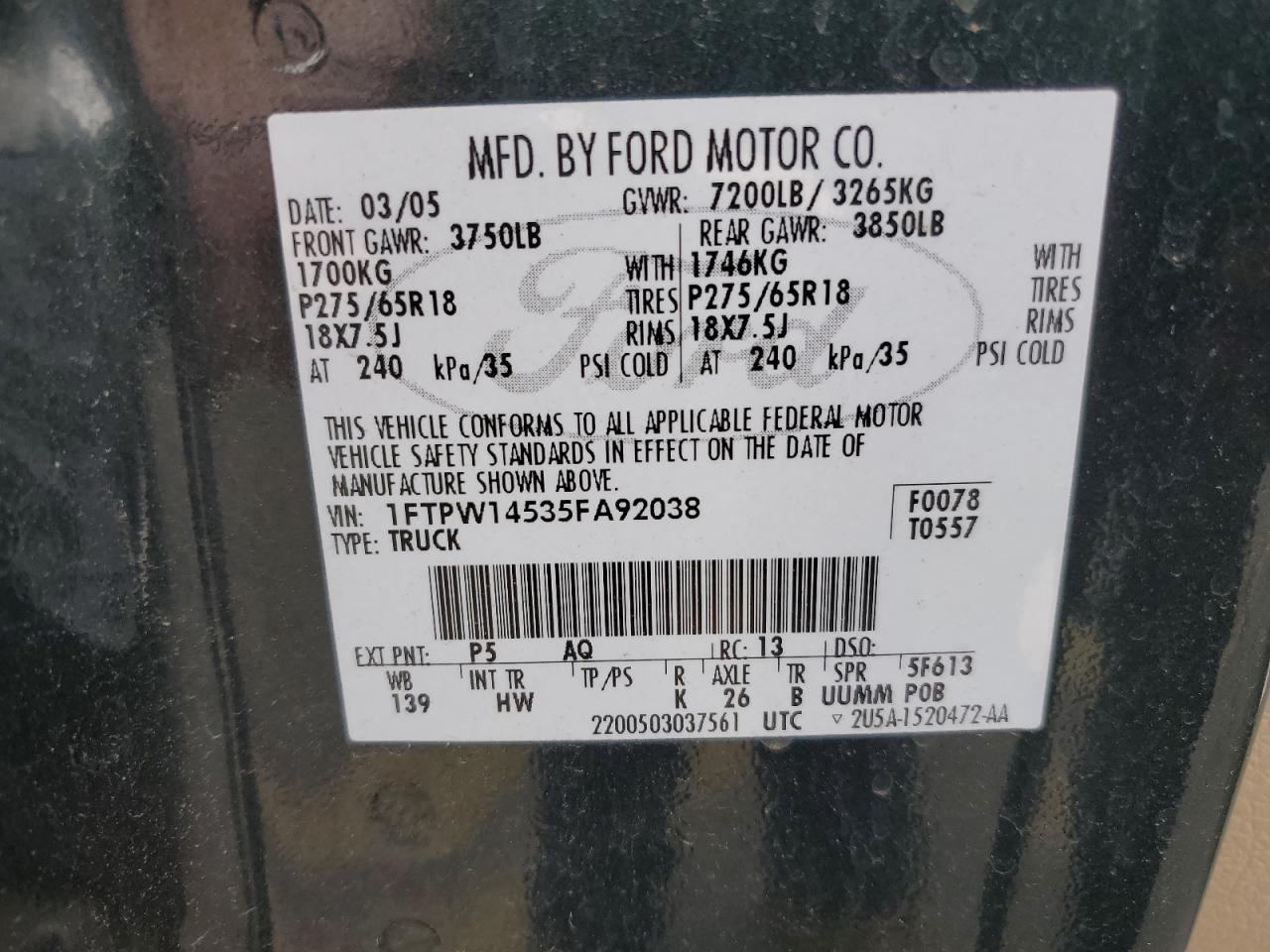 2005 Ford F-150 VIN 1FTPW14535FA92038 Copart auction photo, front end / side damage thumbnail 14