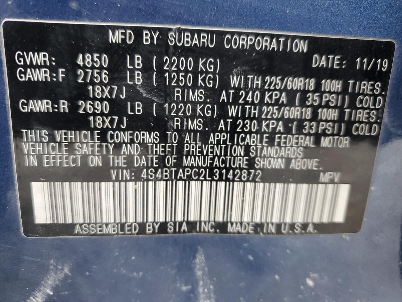 2020 Subaru Outback VIN 4S4BTAPC2L3142872 Copart auction photo, side / front end damage thumbnail 14