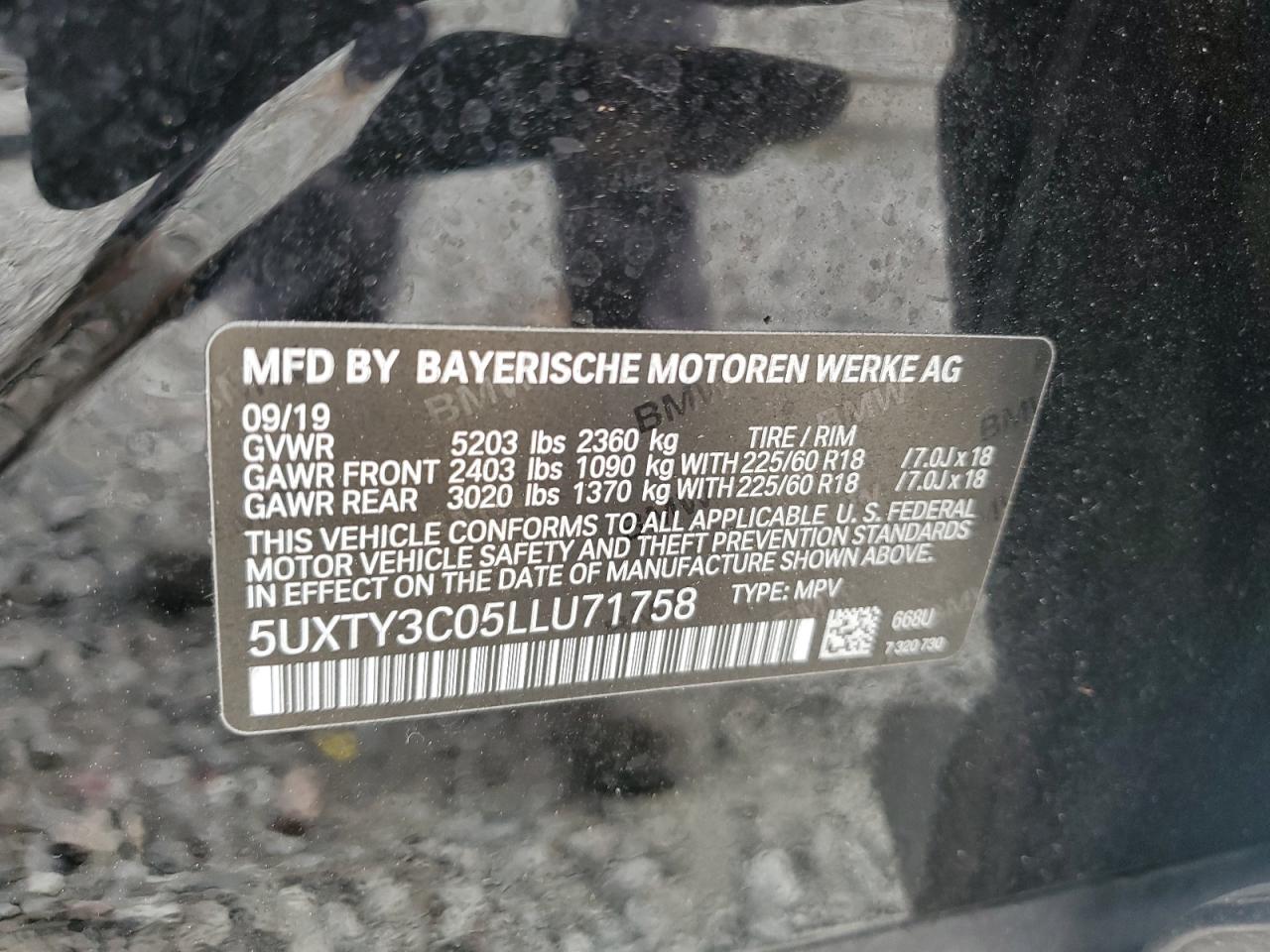 2020 BMW X3 VIN 5UXTY3C05LLU71758 Copart auction photo, water/flood / front end damage thumbnail 13