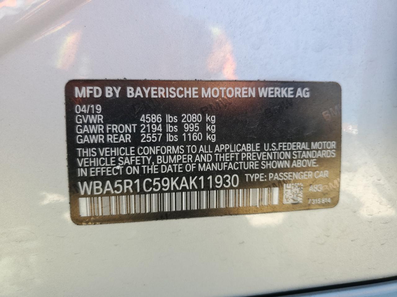 2019 BMW 3er VIN WBA5R1C59KAK11930 Copart auction photo, minor dent/scratches damage thumbnail 13