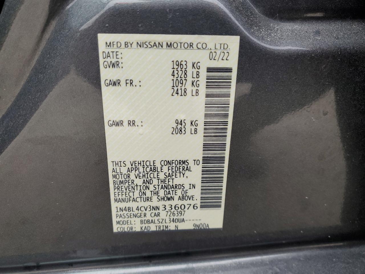 2022 Nissan Altima VIN 1N4BL4CV3NN336076 Copart auction photo, front end damage thumbnail 12