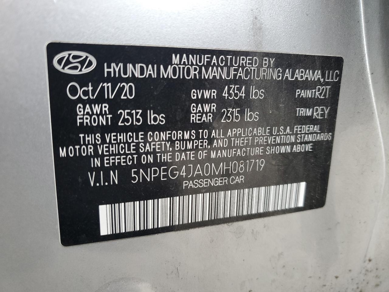 2021 Hyundai Sonata VIN 5NPEG4JA0MH081719 Copart auction photo, rear end / front end damage thumbnail 12