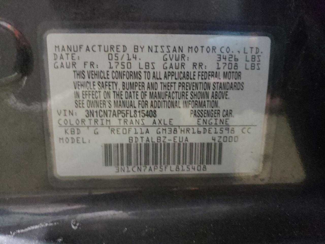 2015 Nissan Versa VIN 3N1CN7AP5FL815408 Copart auction photo, all over damage thumbnail 12