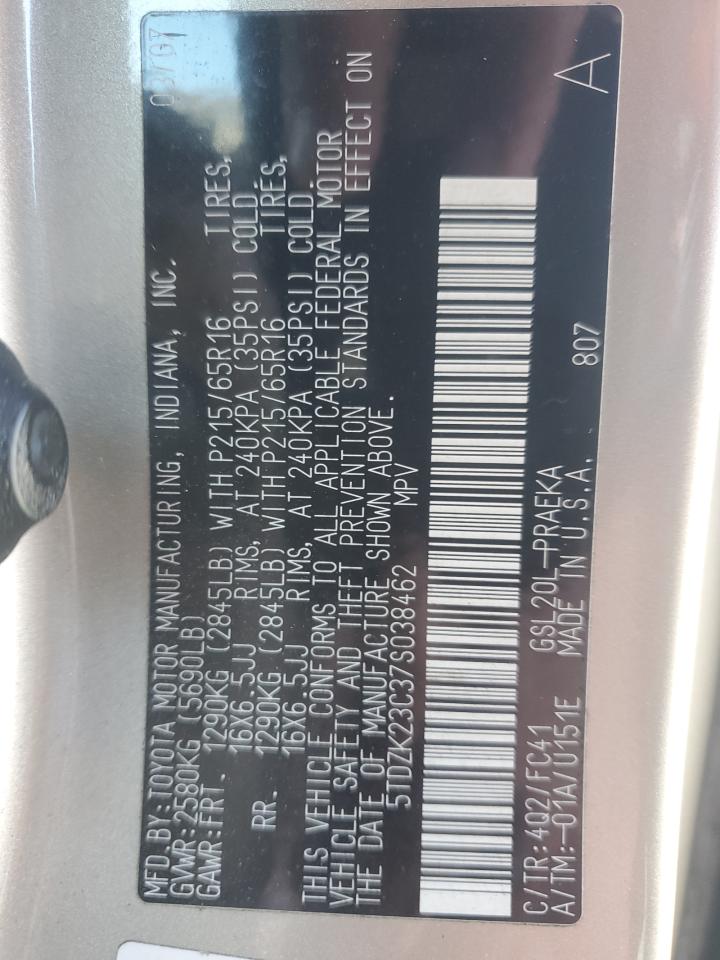 2007 Toyota Sienna VIN 5TDZK23C37S038462 Copart auction photo, front end damage thumbnail 13
