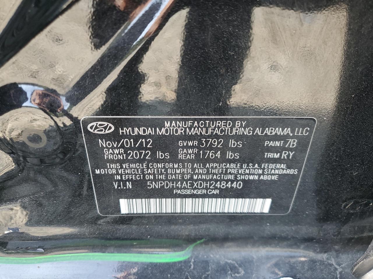 2013 Hyundai Elantra VIN 5NPDH4AEXDH248440 Copart auction photo, side damage thumbnail 12