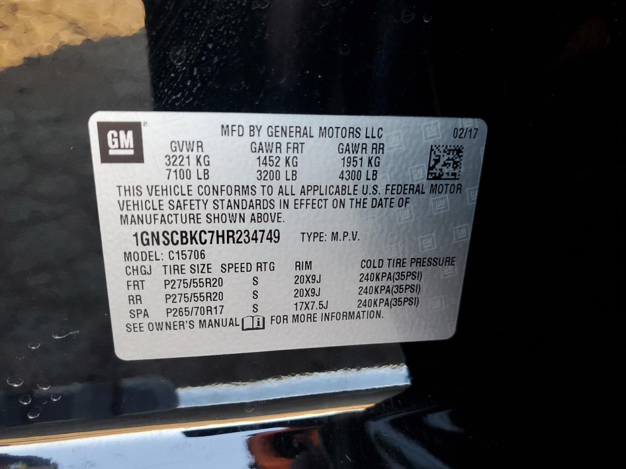 2017 Chevrolet Tahoe VIN 1GNSCBKC7HR234749 Copart auction photo, front end / side damage thumbnail 15