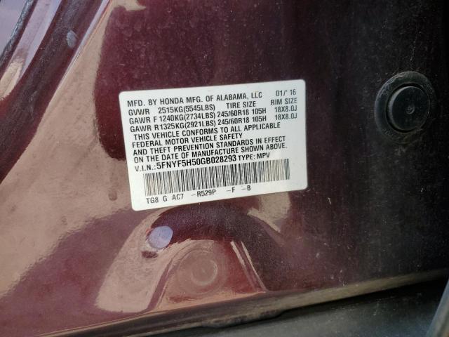 2016 Honda Pilot VIN 5FNYF5H50GB028293 Copart auction photo, front end damage thumbnail 12