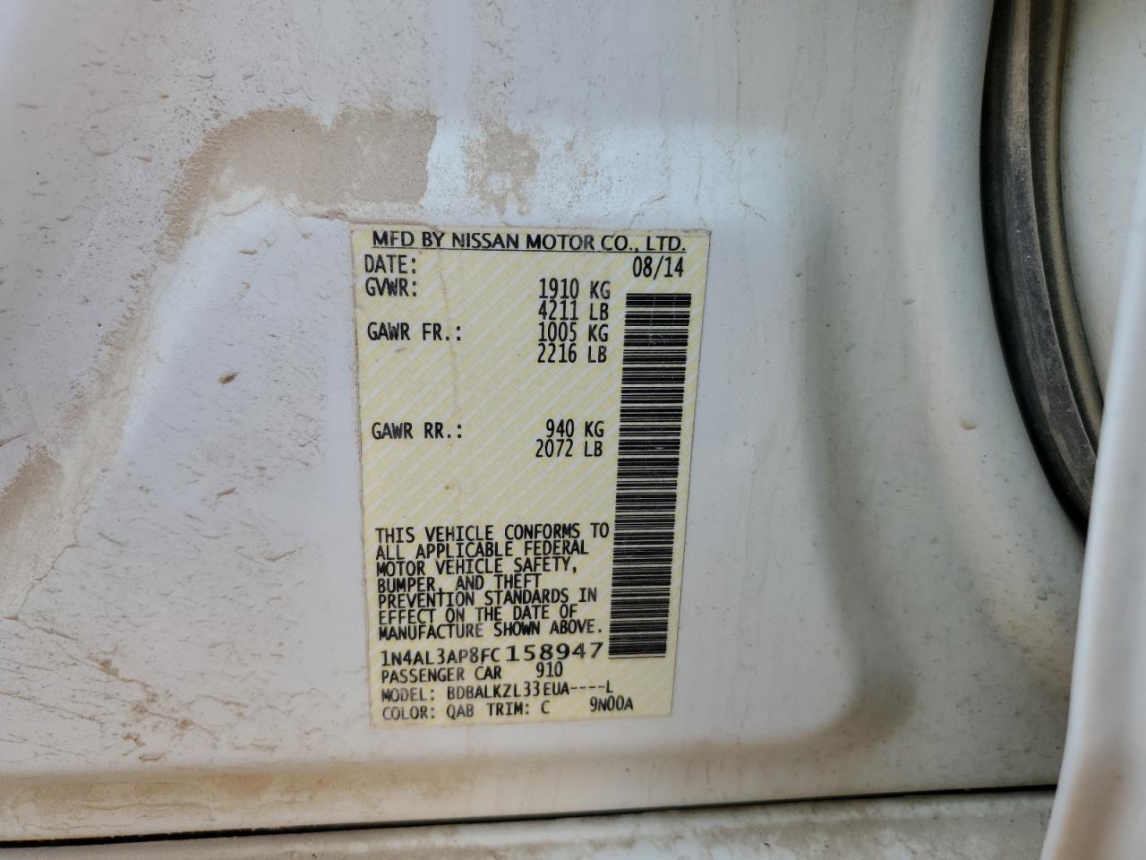 2015 Nissan Altima VIN 1N4AL3AP8FC158947 Copart auction photo, front end / minor dent/scratches damage thumbnail 12
